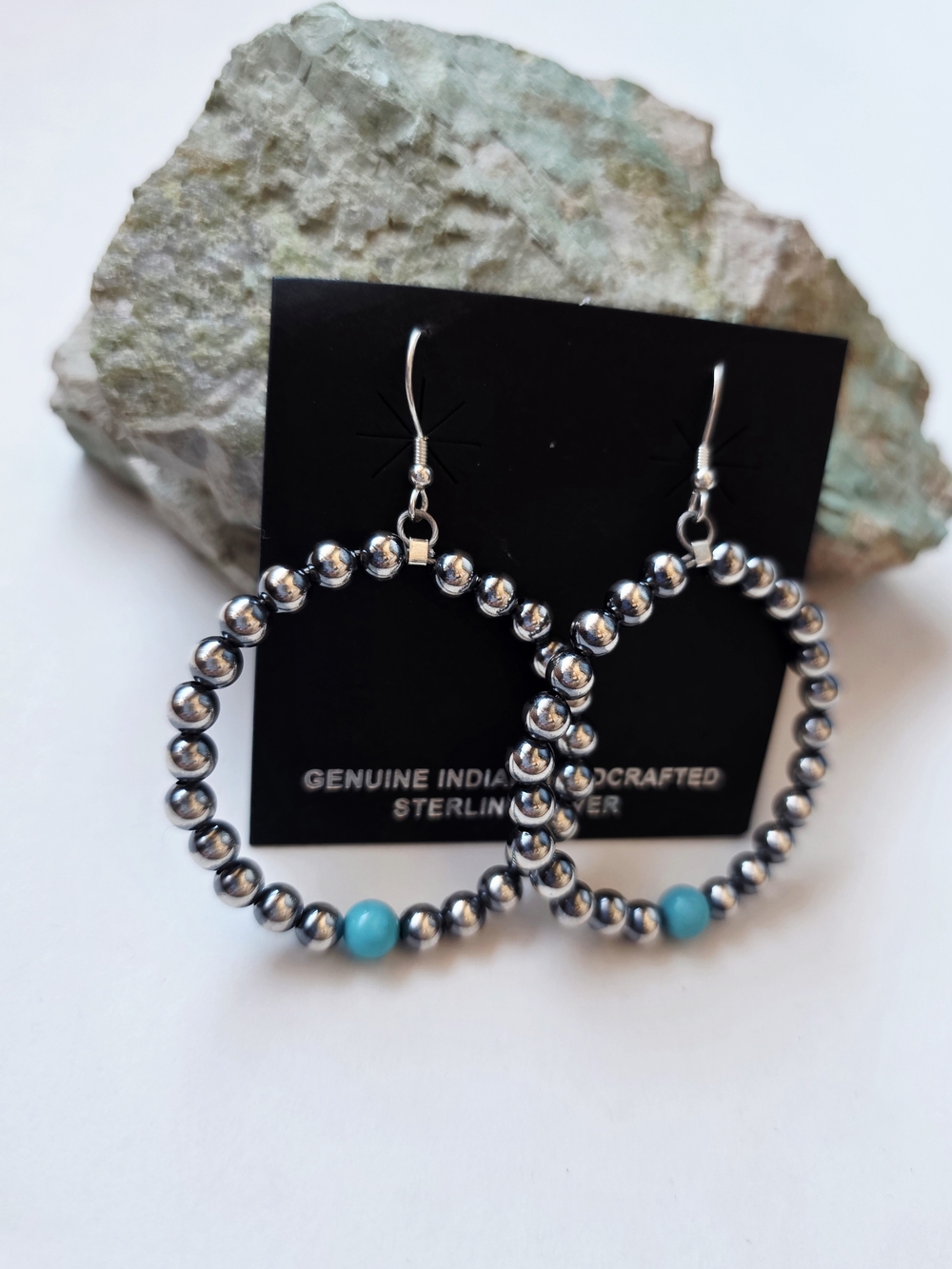 Sterling Silver Turquoise Beaded Hoop Earrings in Silver & Blue Navajo Pearl's